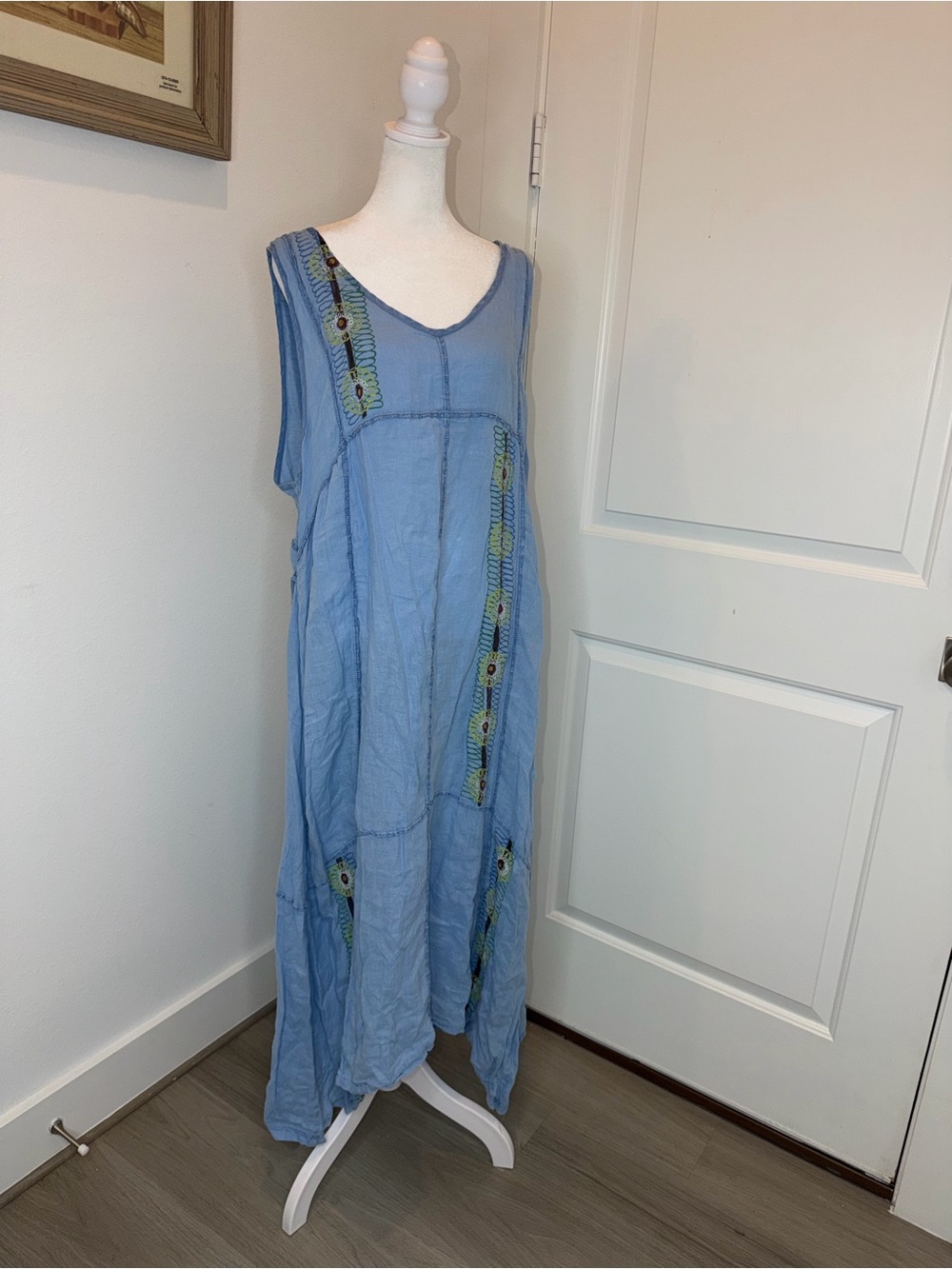 Blue Fish Sky Blue Embroidered Boho Maxi Dress